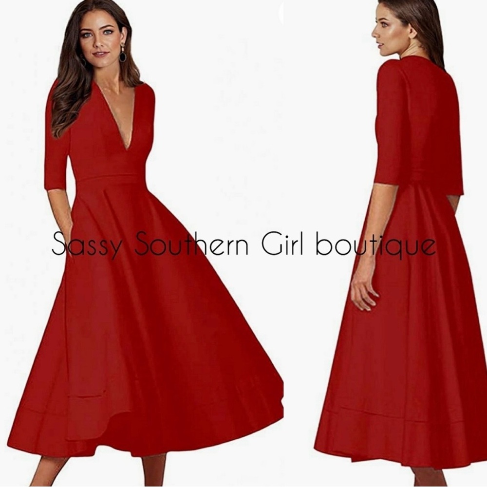 🆕⭐Red quarter sleeve deep v-neck dress